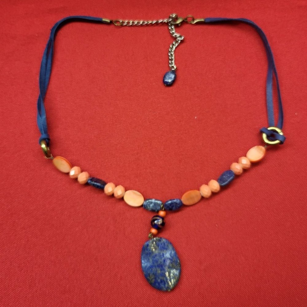 Blue Gemstone Orange Beads Blue Cord Necklace Boho Chic